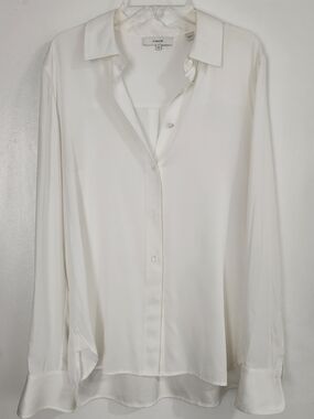 Vince Slim Fitted Stretch-Silk Blouse Button Up Shirt Off White Feminine Size M